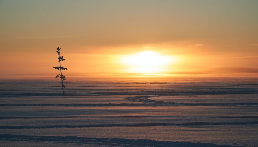 Low sun setting over a frozen, snow covered plain