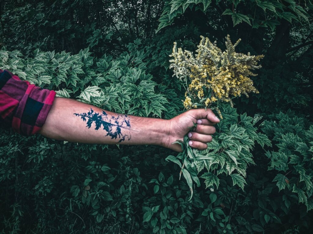 Arm with a dark botanical tattoo holding a bunch of wildflowers against deep green foliage